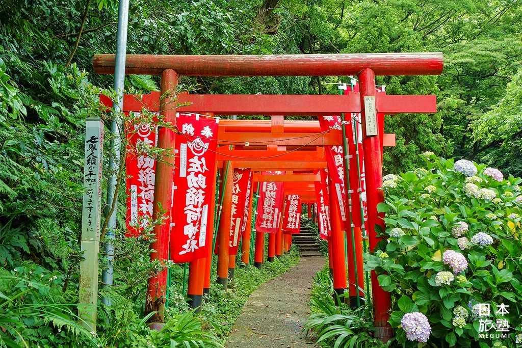 沿著紅色鳥居的參道一路往上，就是神社所在