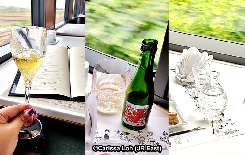 飲酒過量有礙健康。未成年者請勿飲酒。Welcome drink (left), Aomori Cidre (centre), Iwate sake (right). (Image credit: JR East / Carissa Loh)