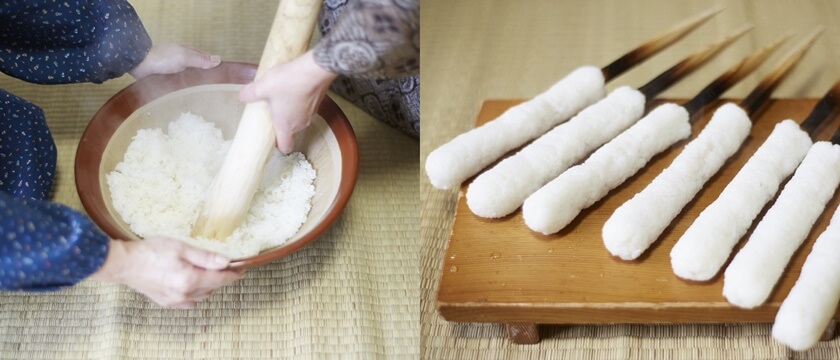  製作烤米棒的方法，將新鮮煮熟的米飯搗碎，然後放在日本雪松木串。(Image credit: Akita Prefecture) 