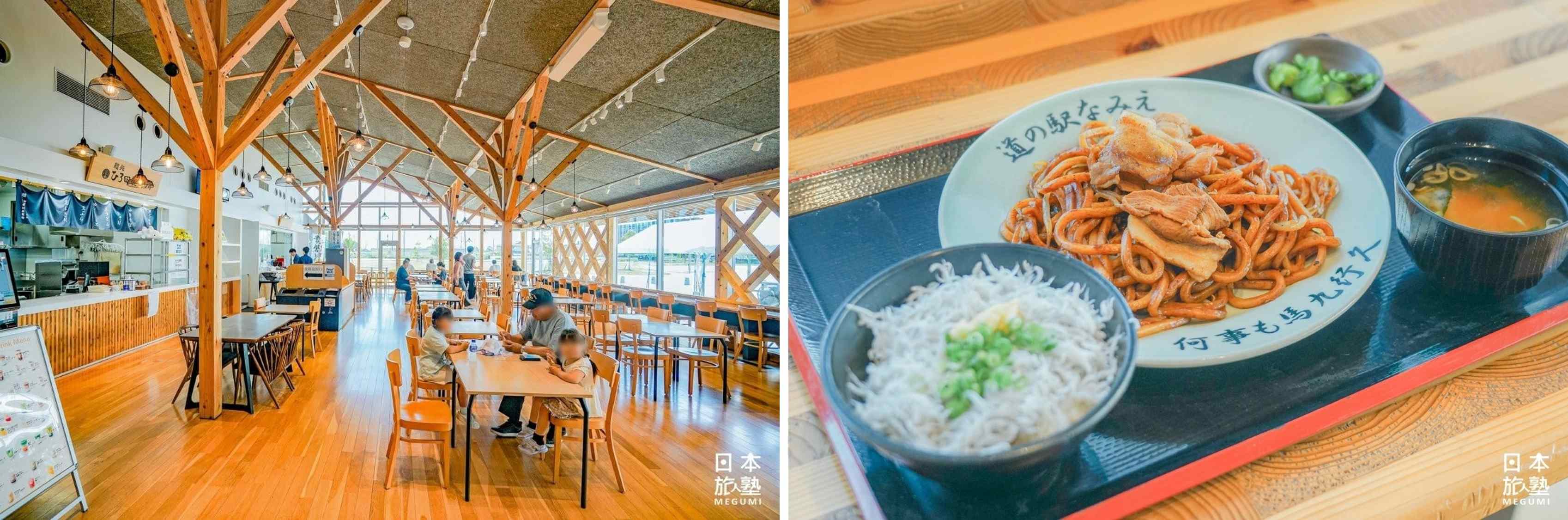 （左）室內裝潢，木料均使用福島當地生產，營造溫暖空間氛圍 （右）除了代表性的浪江炒麵，也提供吻仔魚丼等各種美味料理