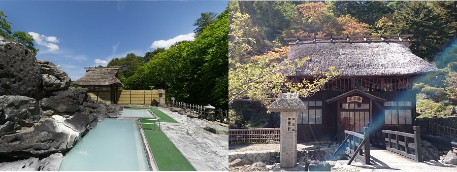 ▲左為野天岩風呂「天溪之湯」，右為湯小屋「玉子湯」