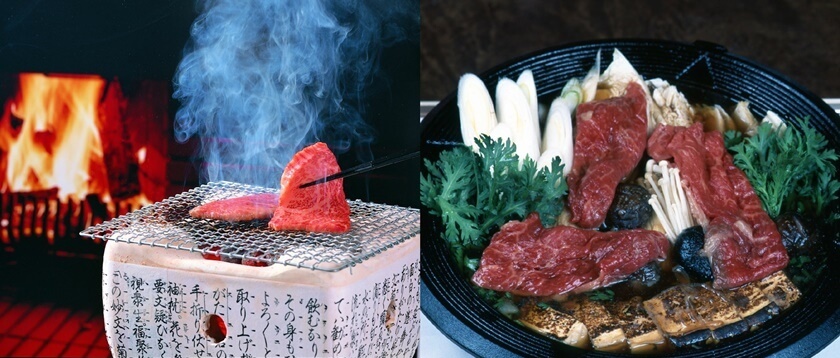 米澤牛作為烤肉（左）和壽喜燒（右）享用。(Image credit: Yamagata Prefecture)