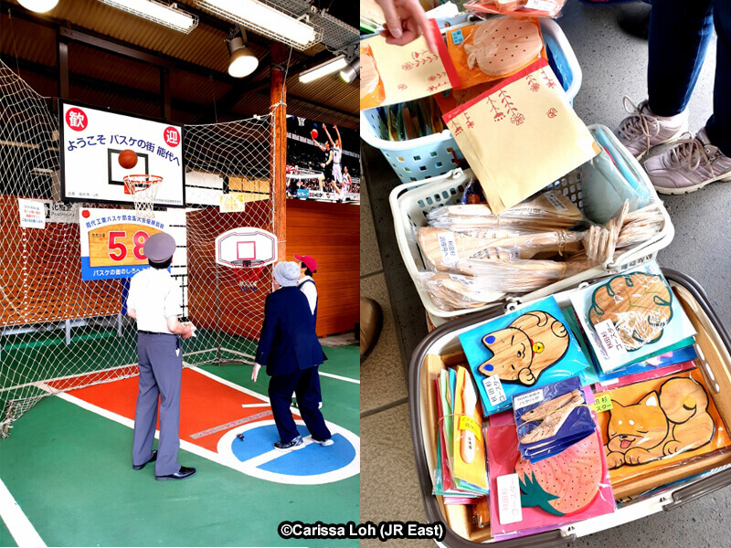 Basketball shooting and cedar wood craft sales at Noshiro Station. (Image credit: JR East / Carissa Loh)