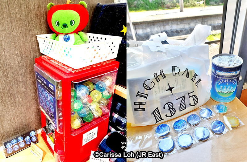 ¥100 gachapon souvenirs in the sales corner (left), and my souvenir loot (right). (Image credit: JR East / Carissa Loh)