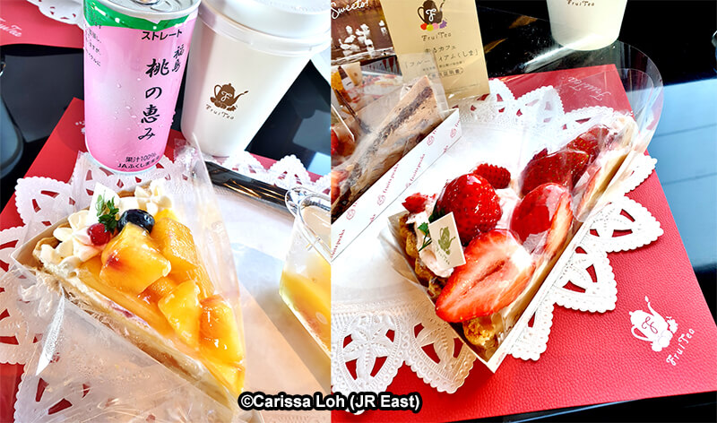 Peach yoghurt tart (left) and strawberry cream tart (right). (Image credit: JR East / Carissa Loh)