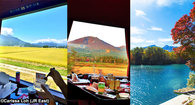 View of from train window of rice fields (left), and of Mount Bandai (centre). Goshikinuma (right). (Image credit: JR East / Carissa Loh (left, centre) and 福島県観光物産交流協会 (right))