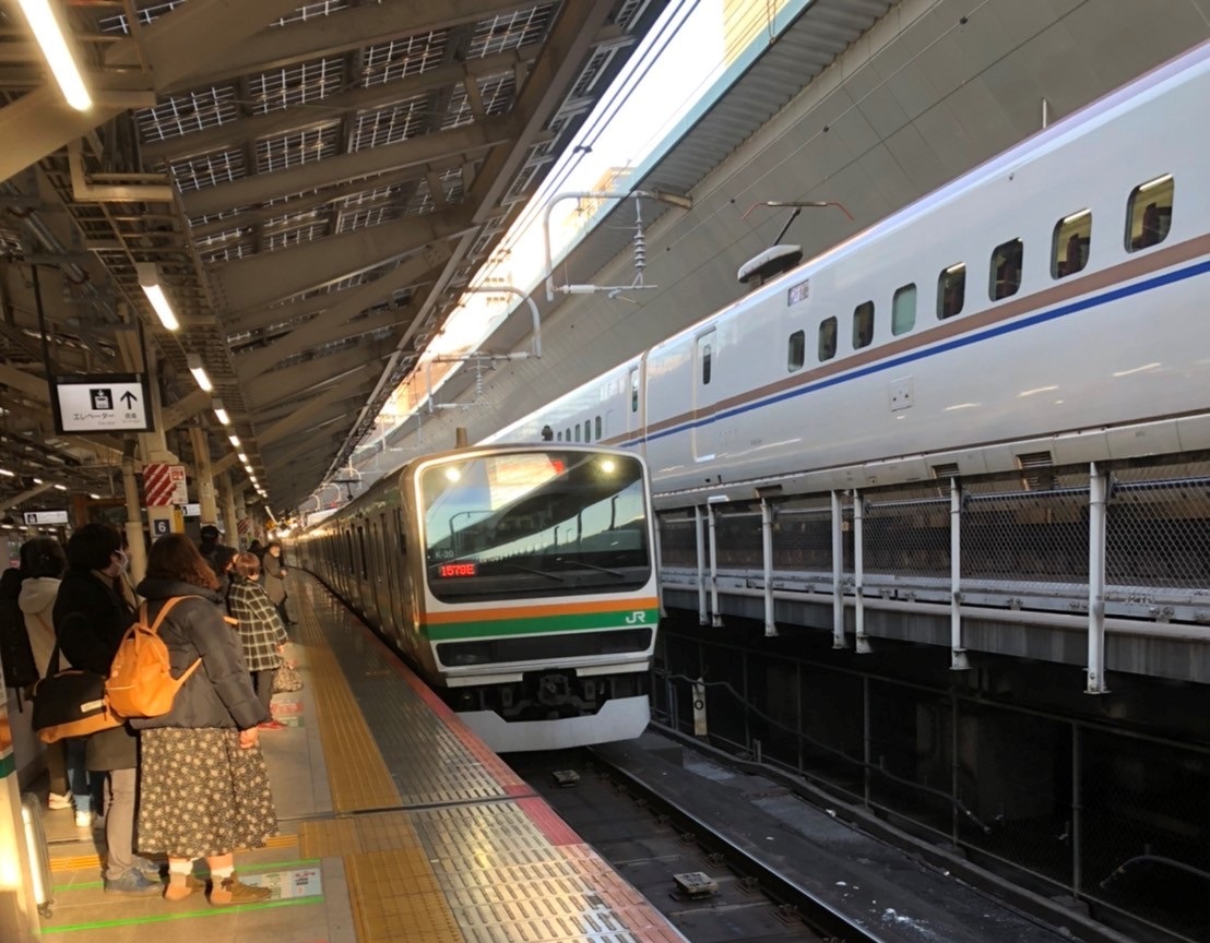▲同時停靠在東京車站月台的新幹線(上)和在來線(下)