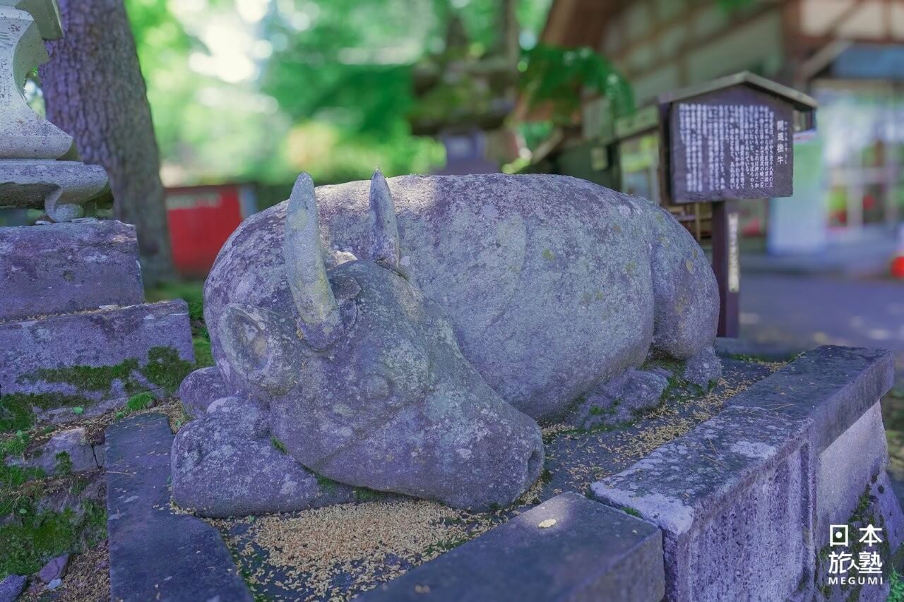 在寺廟境內，有兩座伏臥的牛雕像，觸摸祈願，可庇佑身體健康