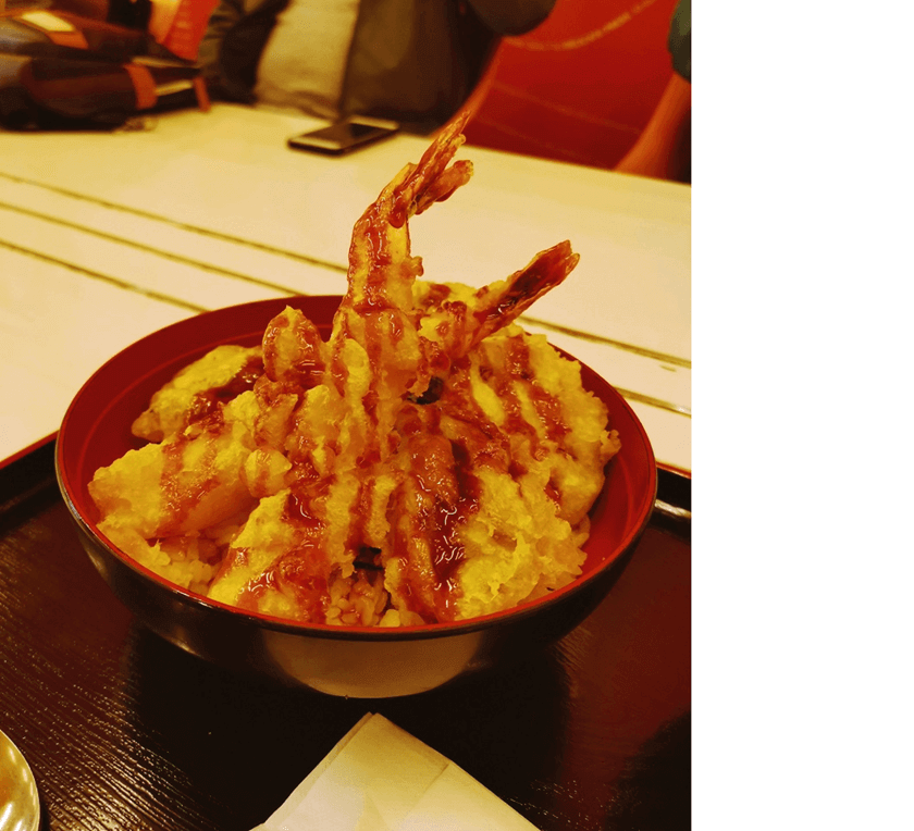 Seafood tempura rice bowl (天丼 tendon) at PALPAL. (Image credit: JR East / Nazrul Buang)