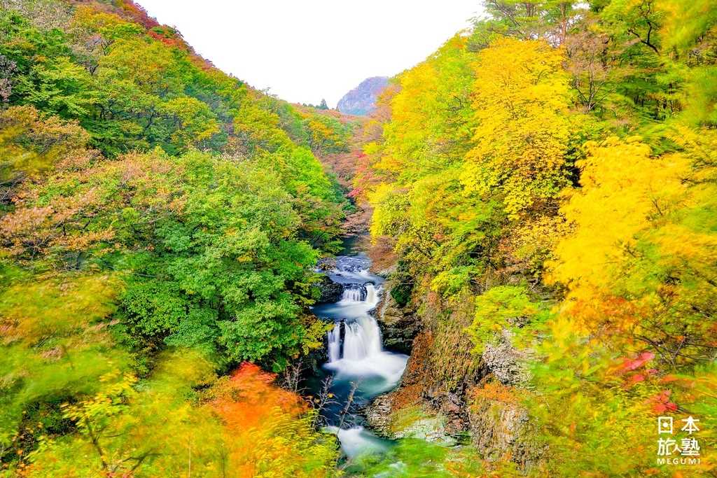 遠山近水的瀑布與山林景致