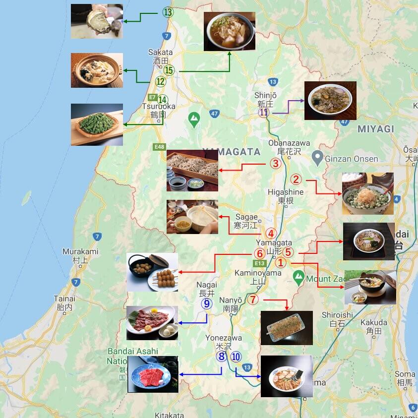 山形美食地圖。(Image credit: Google Maps / Yamagata Prefecture)