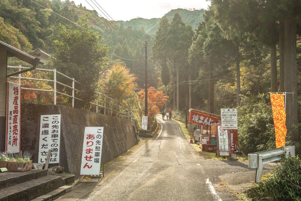 搭車「駐車場」站下車，回程時也是在同一地點、站牌等車，下車後往這條路線一直前進入山。