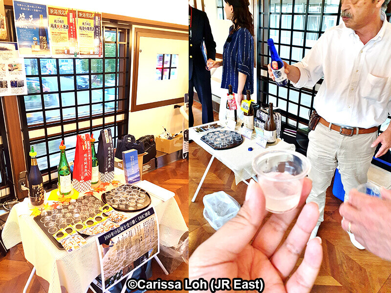 飲酒過量有礙健康。未成年者請勿飲酒。Sake sampling event on the Koshino Shu*Kura. (Image credit: JR East / Carissa Loh)