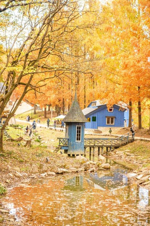 在北歐咖啡館「CAFE PUISTO」旁的藍色小屋與小水池，是大家最喜歡拍攝的景色之一，我也是在Instagram上見到日本攝影師的照片，才會前來嚕嚕米兒童森林公園。 橘紅色的水杉，小池面上的藍色房屋倒影，實在太美了，就像走入童話繪本的故事之中。
