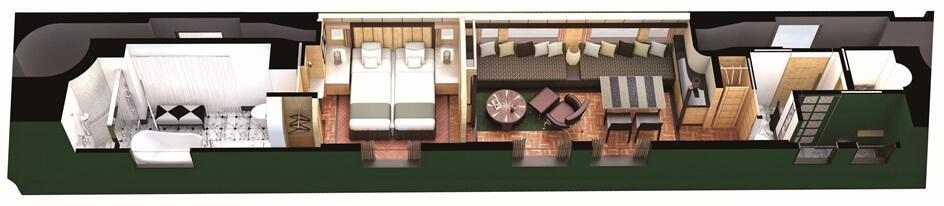 【豪華套房】第七節車廂整節皆為豪華套房，打造出寬廣又舒適的空間。